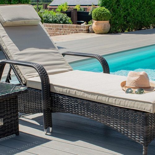 Single Sun-Lounger & Glass Top Table Set - Brown Polyweave Rattan