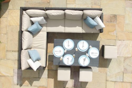 Garden Corner Sofa Dining Set - Rising Dining Table - Brown Polyweave