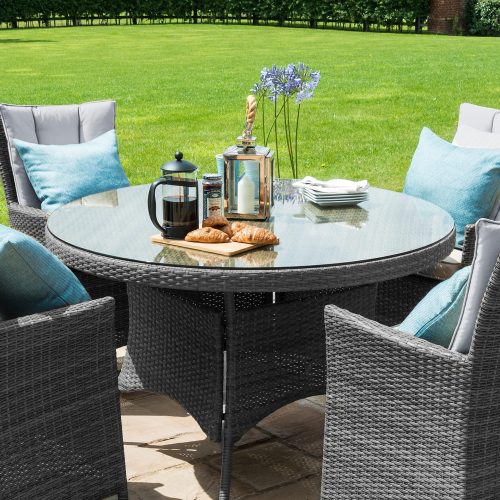 Round Dining Set - Round Glass Top Table & 4 Chairs - GREY POLYWEAVE