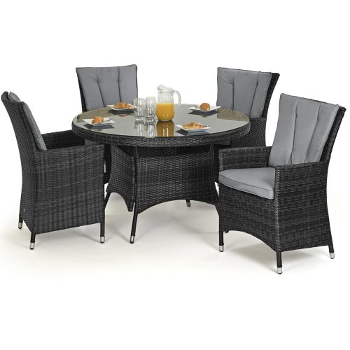 Round Dining Set - Round Glass Top Table & 4 Chairs - GREY POLYWEAVE