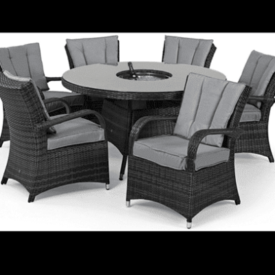 6 Seat Round Dining Set - Central Ice Bucket - Umbrella - Grey Polyweave