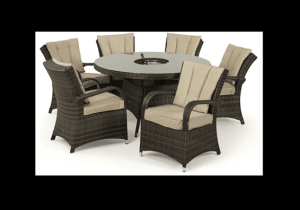 6 Seat Round Dining Set - Central Ice Bucket - Umbrella - Brown Polyweave