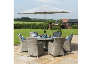 6 Seat Round Garden Table Set - Ice Bucket - Umbrella - Grey Polyrattan