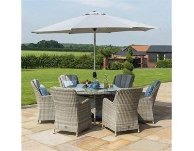 6 Seat Round Garden Table Set - Ice Bucket - Umbrella - Grey Polyrattan