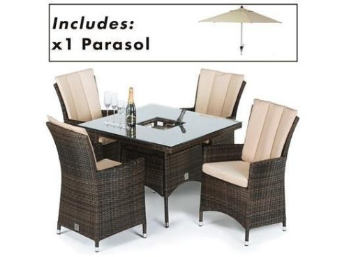 4 Seat Square Garden Dining Set - Brolly & Base - Ice Bucket - Brown Polyweav