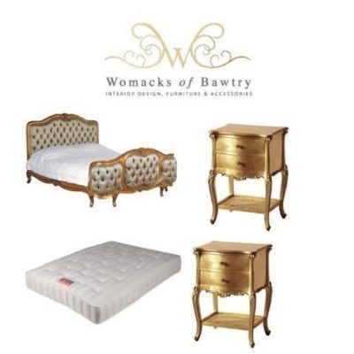 6ft Super King-Size Bed - Silk Upholstered - 2 Bedsides - Mattress - French Gilt Set