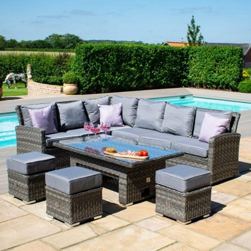 Corner Sofa Garden Dining Set - Rising Dining Table - Grey Round Flat Weave