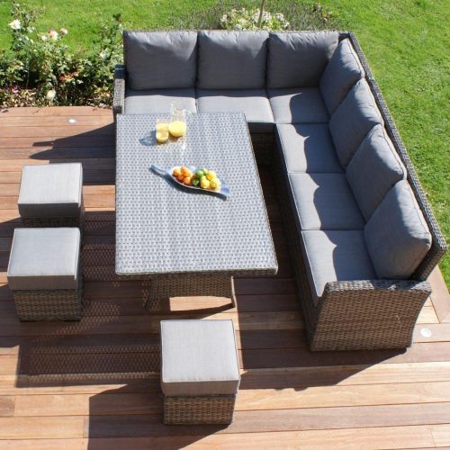 Corner Sofa Garden Dining Set - Rising Dining Table - Grey Round Flat Weave