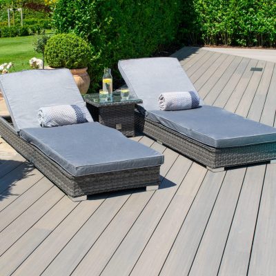 Double Sun Lounger Set – Glass Top Side Table – Grey Polyweave Rattan