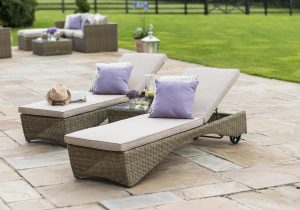 Double Sun Lounger Set - Glass Top Side Table - Natural Polyweave