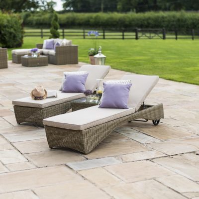 Double Sun Lounger Set - Glass Top Side Table - Natural Polyweave