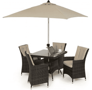 4 Seat Square Garden Dining Set - Umbrella & Base - Brown Polyweave