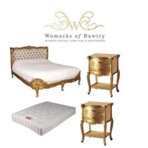 6ft Super King-Size Bed - Silk Upholstered - 2 Bedsides - Mattress - French Gilt Set