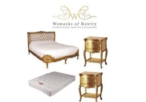 5ft French Gilt Bed Set - King-Size Bed - Silk Upholstered - 2 Gilt Bedsides - Mattress