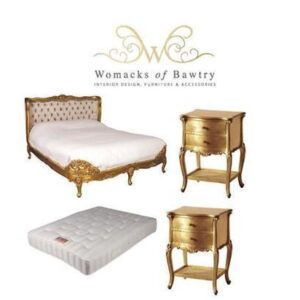 5ft French Gilt Bed Set - King-Size Bed - Silk Upholstered - 2 Gilt Bedsides - Mattress