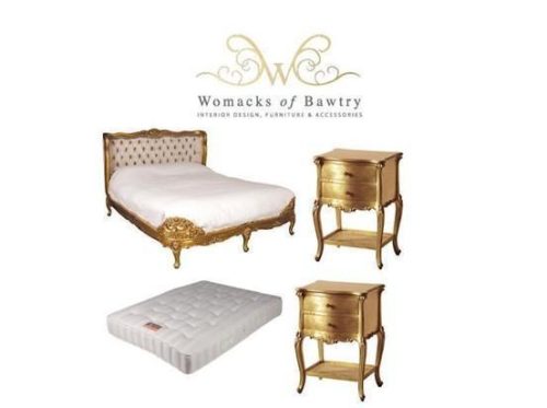 5ft French Gilt Bed Set - King-Size Bed - Silk Upholstered - 2 Gilt Bedsides - Mattress