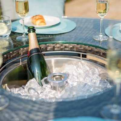 6 Seat Round Dining Set – Central Ice Bucket – Umbrella – Grey Polyweave