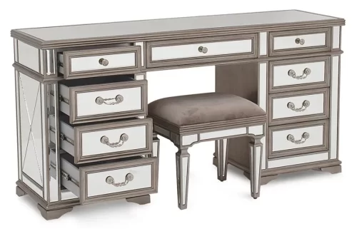 Dressing Table - Stool - Mirror Set - Mirrored & Taupe Finish - LA Bedroom Range