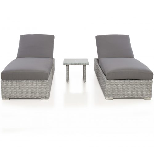 Double Sun Lounger & Side Table Set - Light Grey Polyweave Rattan