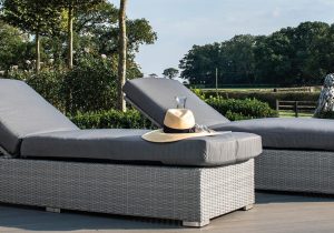 Sun Lounger - Double Set & Side Table - Light Grey Polyweave
