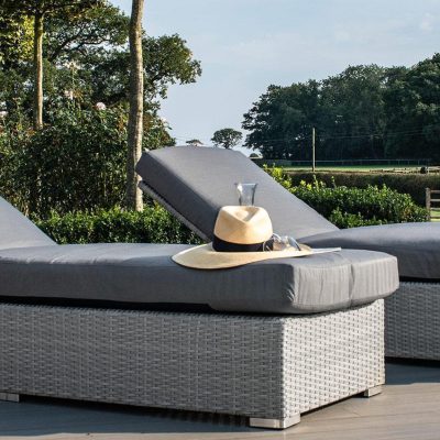 Sun Lounger - Double Set & Side Table - Light Grey Polyweave