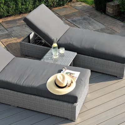 Sun Lounger – Double Set & Side Table – Light Grey Polyweave