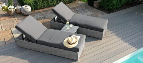 Sun Lounger - Double Set & Side Table - Light Grey Polyweave