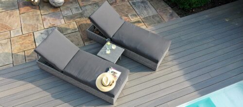 Sun Lounger - Double Set & Side Table - Light Grey Polyweave