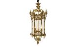 Chandelier - Antique Brass & Glass - 4 Light - Ornate Hanging Lantern