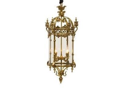 Chandelier - Antique Brass & Glass - 4 Light - Ornate Hanging Lantern