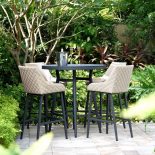 4 Seat Round Garden Bar Set - Oatmeal All Weather Fabric - Black Glass Top