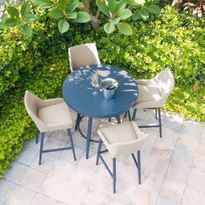 4 Seat Round Garden Bar Set – Oatmeal All Weather Fabric – Black Glass Top