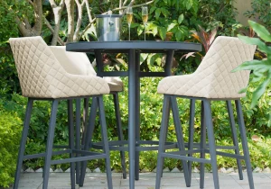 4 Seat Round Garden Bar Set - Oatmeal All Weather Fabric - Black Glass Top