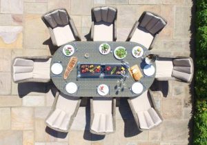 8 Seat Oval Fire Pit Garden Dining Set - Light Brown Polyweave - Venice Chairs