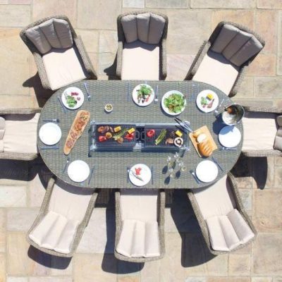 8 Seat Oval Fire Pit Garden Dining Set - Light Brown Polyweave - Venice Chairs