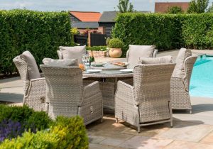 6 Seat Round Garden Table Set - Umbrella/Base - Reclining Chairs - Stone