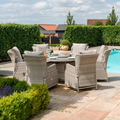 6 Seat Round Garden Table Set - Umbrella/Base - Reclining Chairs - Stone