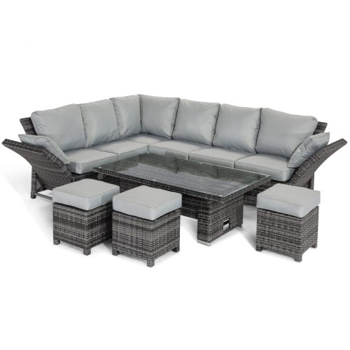 Garden Corner Sofa Dining Set - Rising Dining Table - Reclining Arms - Grey Polyweave