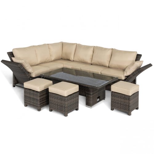 Garden Corner Sofa Dining Set - Rising Table - Reclining Arms - Brown Poly Weave