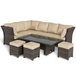 Garden Corner Sofa Dining Set - Rising Table - Reclining Arms - Brown Poly Weave