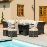 Garden Corner Sofa Dining Set - Rising Table - Reclining Arms - Brown Poly Weave