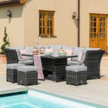 Garden Corner Sofa Dining Set - Rising Dining Table - Reclining Arms - Grey Polyweave