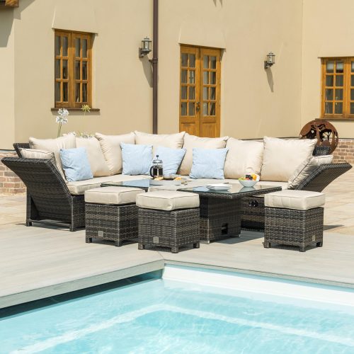 Garden Corner Sofa Dining Set - Rising Table - Reclining Arms - Brown Poly Weave