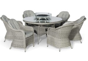 6 Seat Round Fire Pit Garden Dining Set - Grey Polyweave - Heritage Chairs