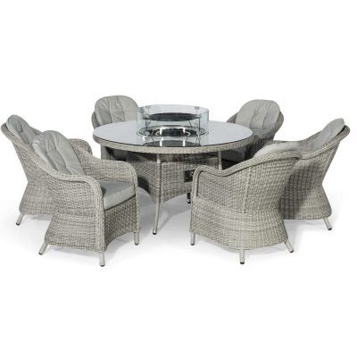 6 Seat Round Fire Pit Garden Dining Set - Grey Polyweave - Heritage Chairs
