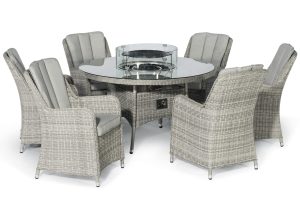 6 Seat Round Fire Pit Garden Dining Set - Grey Polyweave - Venice Chairs