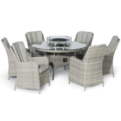 6 Seat Round Fire Pit Garden Dining Set - Grey Polyweave - Venice Chairs