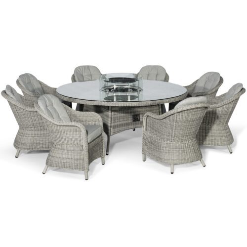8 Seat Round Fire Pit Garden Dining Set - Grey Polyweave - Heritage Chairs