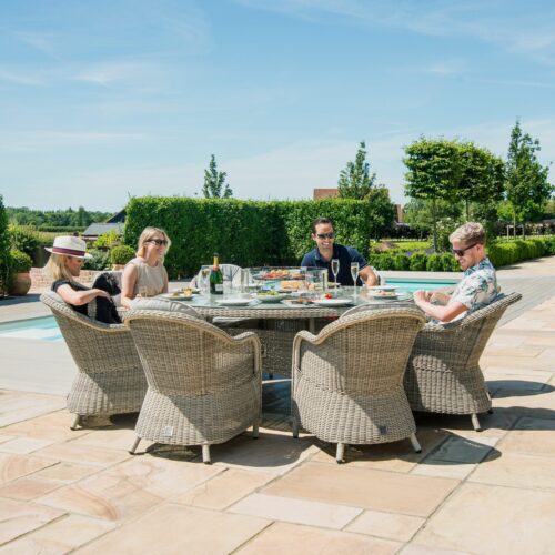 8 Seat Round Fire Pit Garden Dining Set - Grey Polyweave - Heritage Chairs