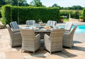 8 Seat Round Fire Pit Garden Dining Set - Grey Polyweave - Venice Chairs